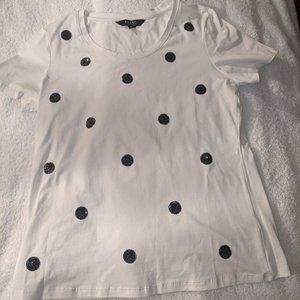 IMNYC Isaac Mizrahi White Tee - Black Sequined Polka Dots - Small
